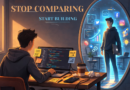 Developer working at laptop while seeing a confident future version in a mirror with the message "Stop Comparing, Start Building"