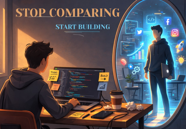 Developer working at laptop while seeing a confident future version in a mirror with the message "Stop Comparing, Start Building"