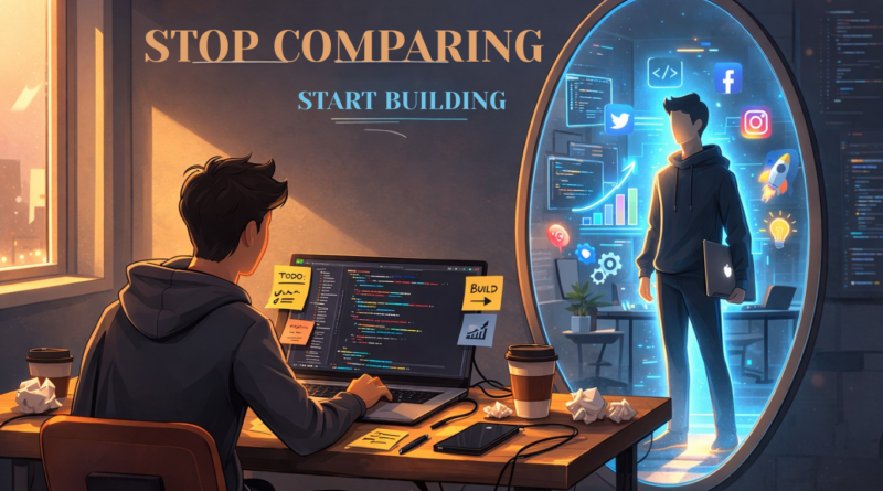 Developer working at laptop while seeing a confident future version in a mirror with the message "Stop Comparing, Start Building"